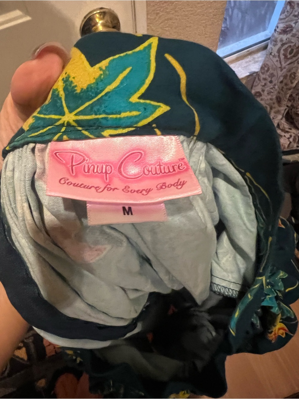 Pinup Couture Teal skirt with Yellow/Ref Leaf Print